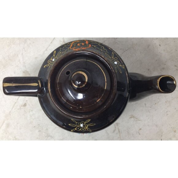 Vintage Mid Century Brown Handled and Lidded Teapot with Flower Design - Picture 3 of 9
